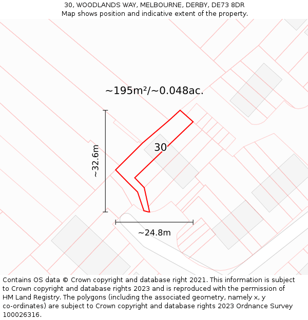 30, WOODLANDS WAY, MELBOURNE, DERBY, DE73 8DR: Plot and title map