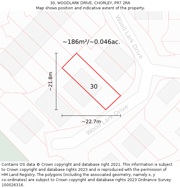 30, WOODLARK DRIVE, CHORLEY, PR7 2RA: Plot and title map