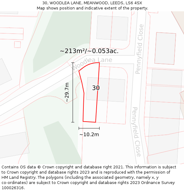30, WOODLEA LANE, MEANWOOD, LEEDS, LS6 4SX: Plot and title map
