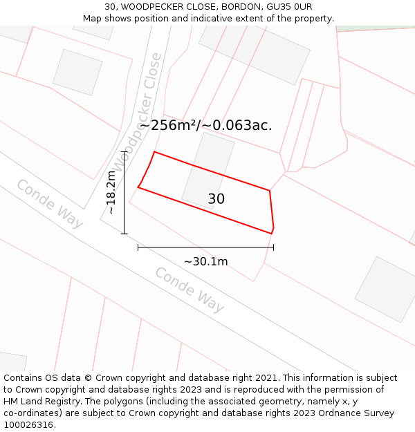 30, WOODPECKER CLOSE, BORDON, GU35 0UR: Plot and title map