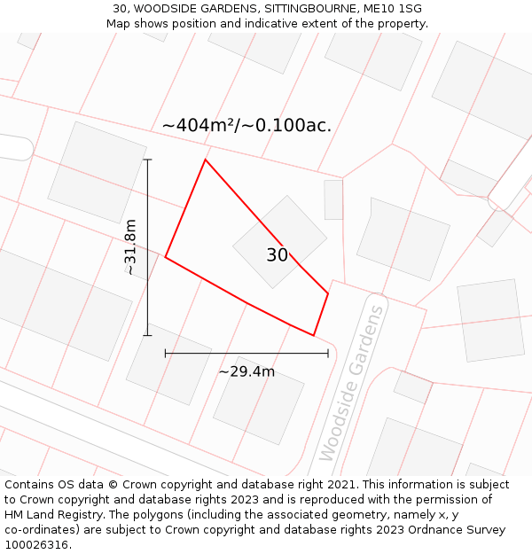 30, WOODSIDE GARDENS, SITTINGBOURNE, ME10 1SG: Plot and title map