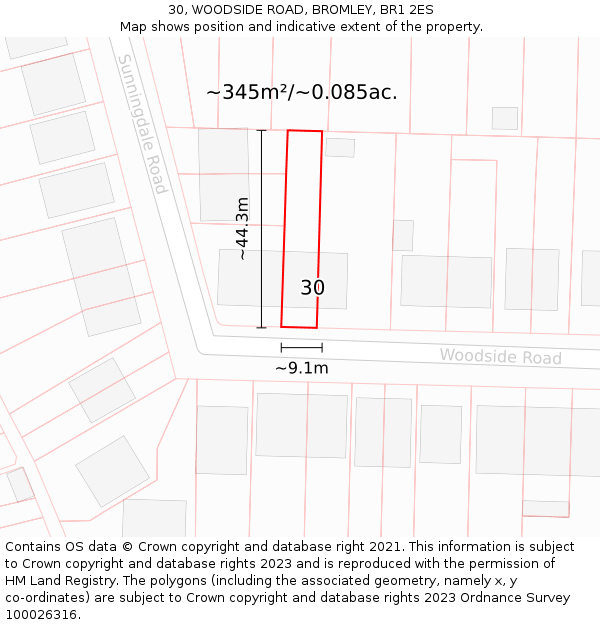 30, WOODSIDE ROAD, BROMLEY, BR1 2ES: Plot and title map
