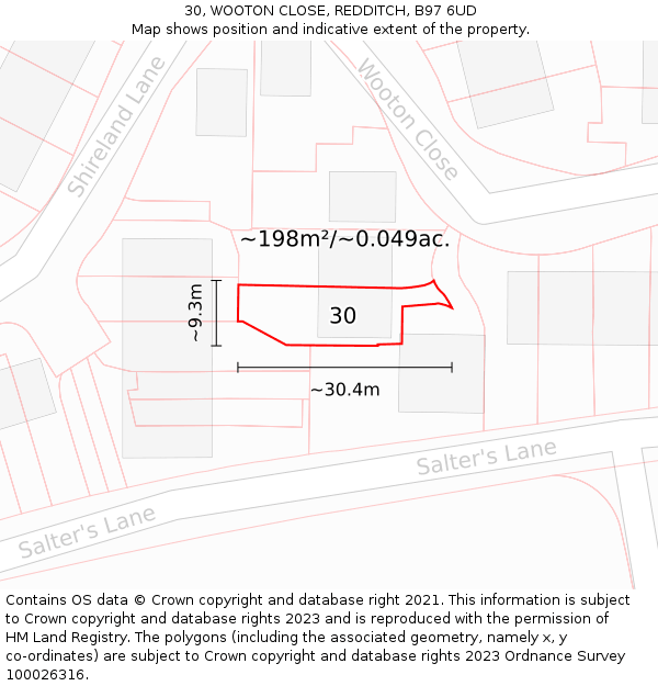 30, WOOTON CLOSE, REDDITCH, B97 6UD: Plot and title map