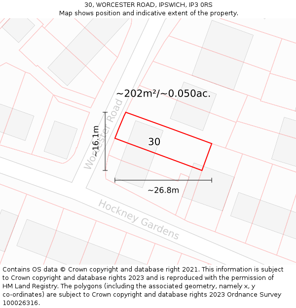 30, WORCESTER ROAD, IPSWICH, IP3 0RS: Plot and title map