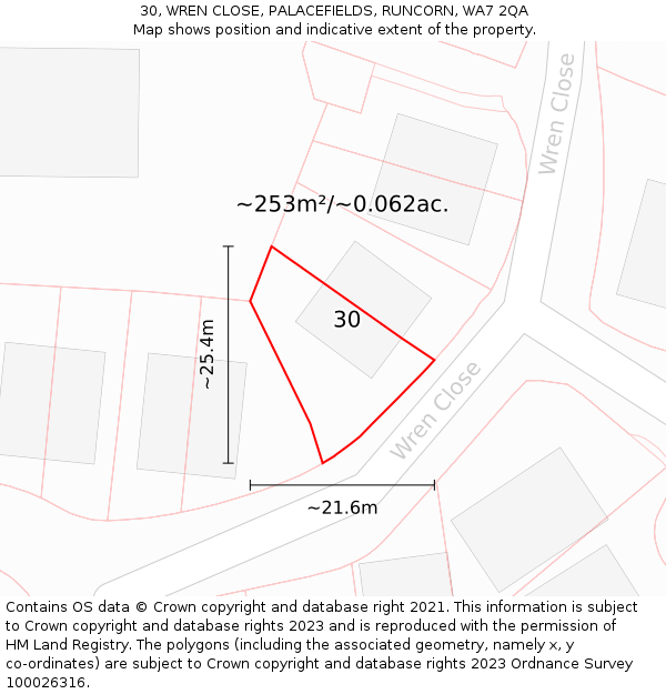 30, WREN CLOSE, PALACEFIELDS, RUNCORN, WA7 2QA: Plot and title map