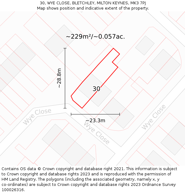 30, WYE CLOSE, BLETCHLEY, MILTON KEYNES, MK3 7PJ: Plot and title map