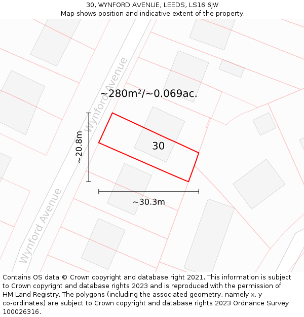 30, WYNFORD AVENUE, LEEDS, LS16 6JW: Plot and title map
