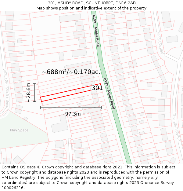 301, ASHBY ROAD, SCUNTHORPE, DN16 2AB: Plot and title map