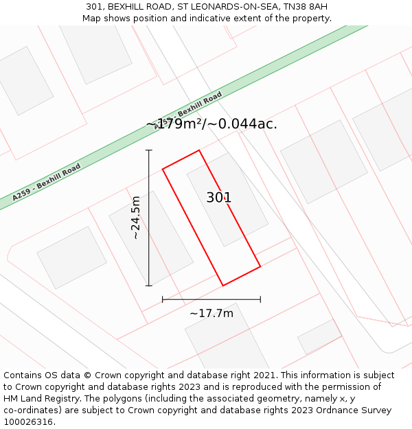 301, BEXHILL ROAD, ST LEONARDS-ON-SEA, TN38 8AH: Plot and title map
