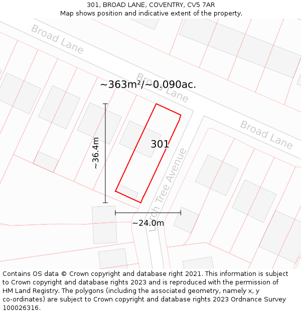 301, BROAD LANE, COVENTRY, CV5 7AR: Plot and title map