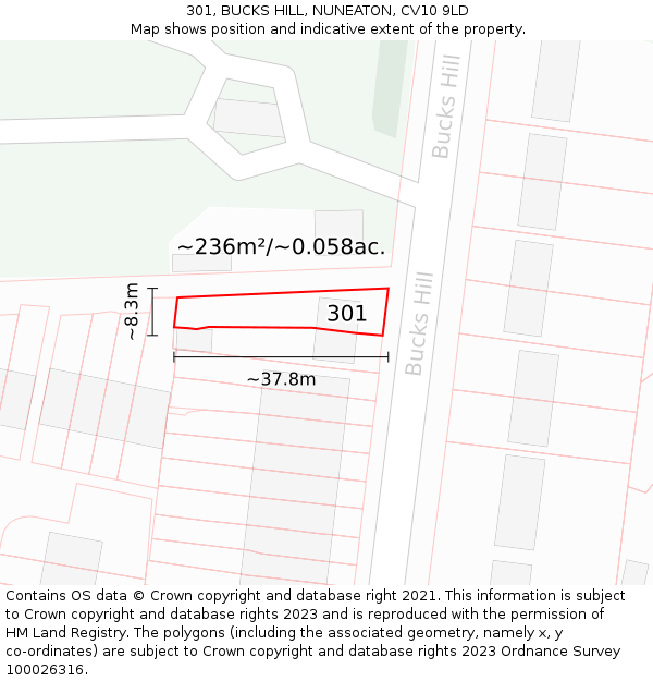 301, BUCKS HILL, NUNEATON, CV10 9LD: Plot and title map