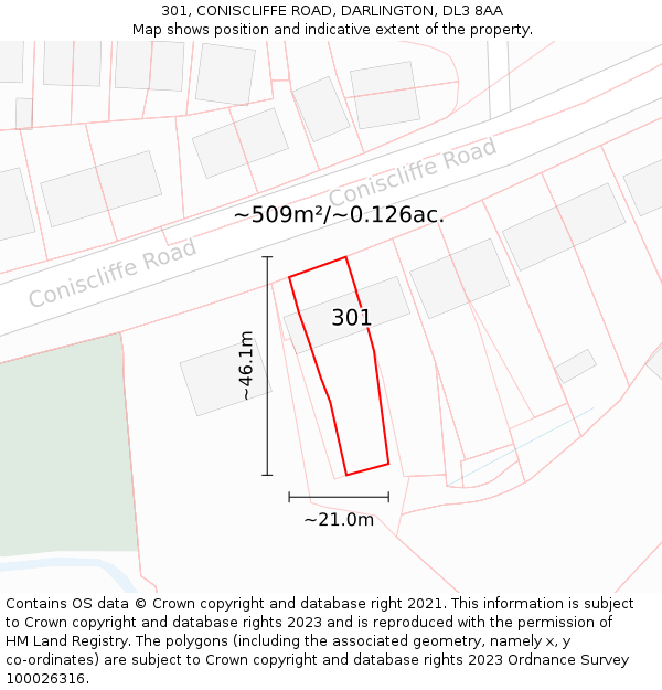 301, CONISCLIFFE ROAD, DARLINGTON, DL3 8AA: Plot and title map