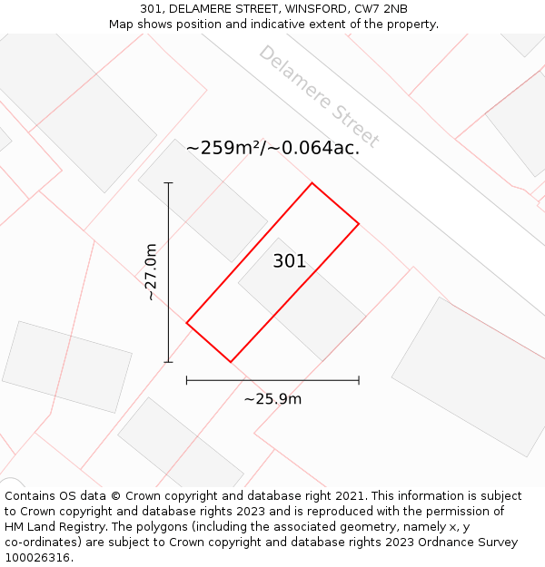 301, DELAMERE STREET, WINSFORD, CW7 2NB: Plot and title map