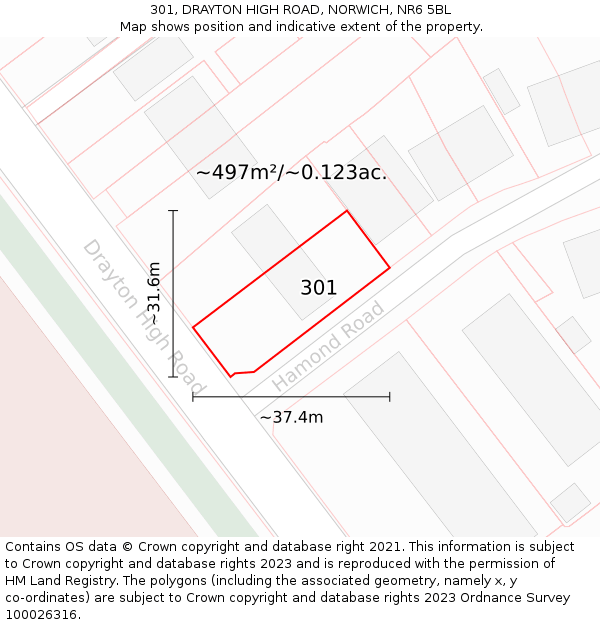 301, DRAYTON HIGH ROAD, NORWICH, NR6 5BL: Plot and title map