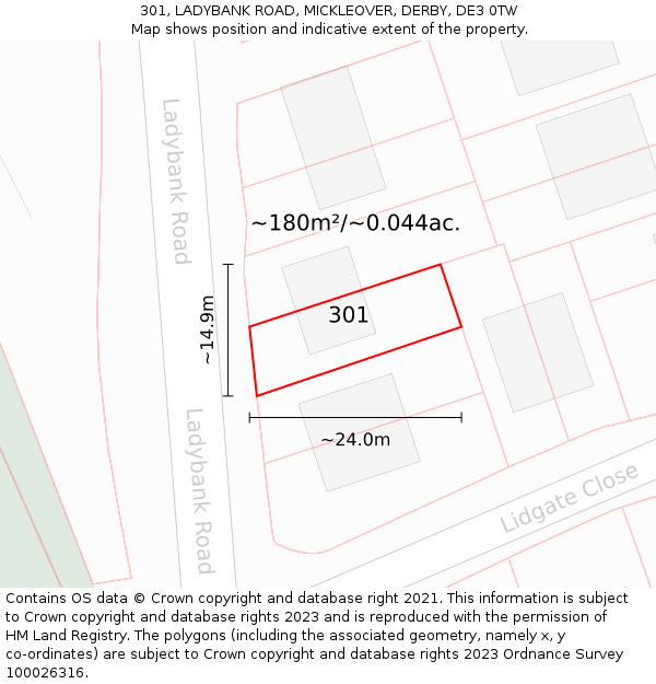 301, LADYBANK ROAD, MICKLEOVER, DERBY, DE3 0TW: Plot and title map