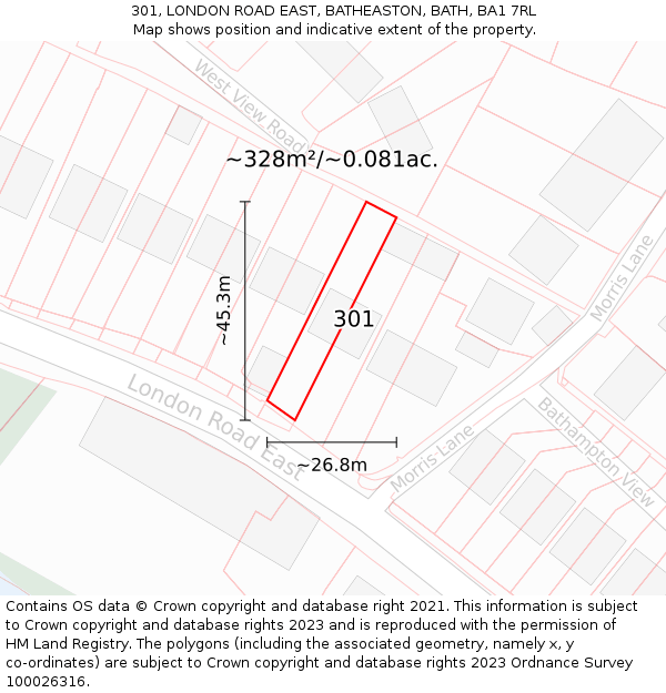 301, LONDON ROAD EAST, BATHEASTON, BATH, BA1 7RL: Plot and title map