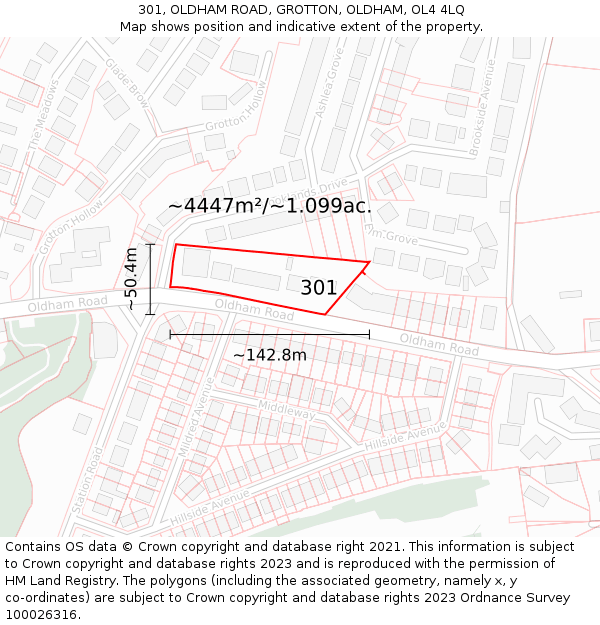 301, OLDHAM ROAD, GROTTON, OLDHAM, OL4 4LQ: Plot and title map