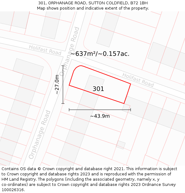 301, ORPHANAGE ROAD, SUTTON COLDFIELD, B72 1BH: Plot and title map