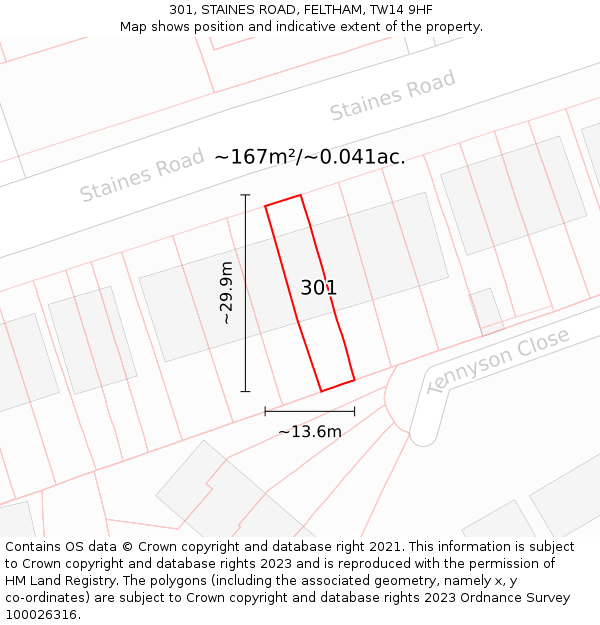 301, STAINES ROAD, FELTHAM, TW14 9HF: Plot and title map
