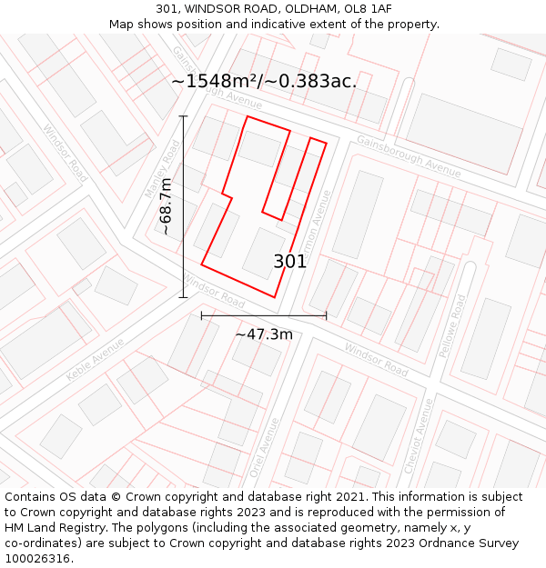 301, WINDSOR ROAD, OLDHAM, OL8 1AF: Plot and title map