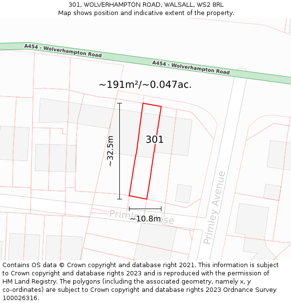 301, WOLVERHAMPTON ROAD, WALSALL, WS2 8RL: Plot and title map
