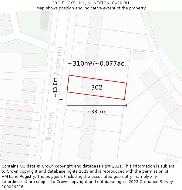 302, BUCKS HILL, NUNEATON, CV10 9LL: Plot and title map