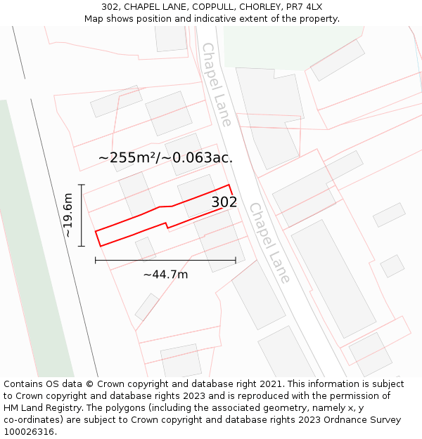 302, CHAPEL LANE, COPPULL, CHORLEY, PR7 4LX: Plot and title map