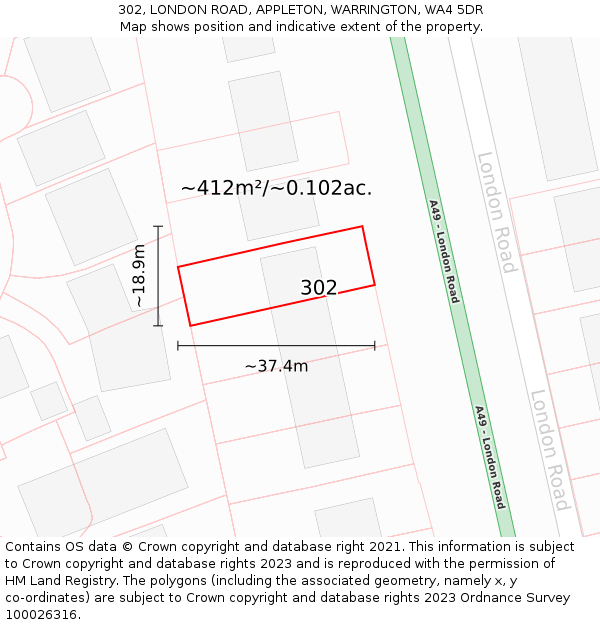 302, LONDON ROAD, APPLETON, WARRINGTON, WA4 5DR: Plot and title map