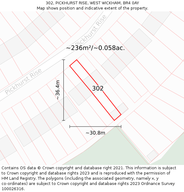 302, PICKHURST RISE, WEST WICKHAM, BR4 0AY: Plot and title map