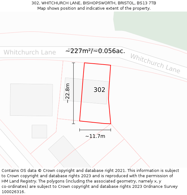 302, WHITCHURCH LANE, BISHOPSWORTH, BRISTOL, BS13 7TB: Plot and title map