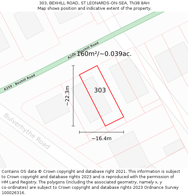 303, BEXHILL ROAD, ST LEONARDS-ON-SEA, TN38 8AH: Plot and title map