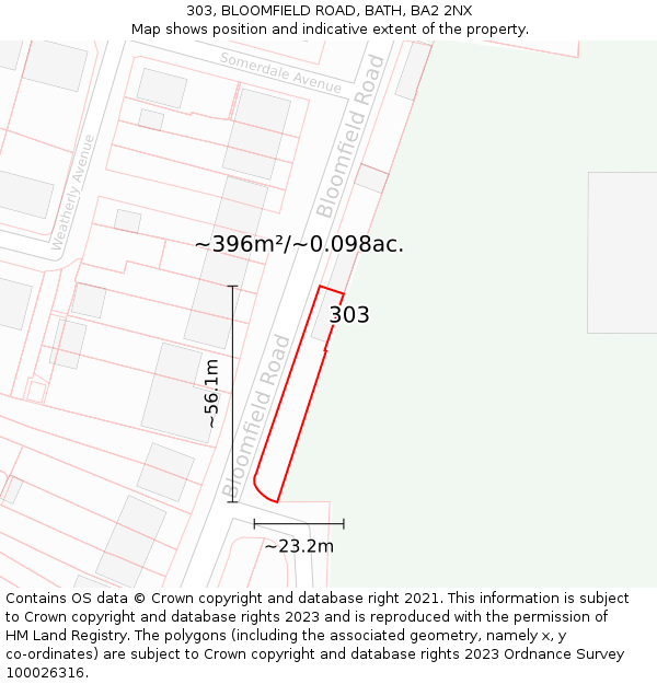 303, BLOOMFIELD ROAD, BATH, BA2 2NX: Plot and title map