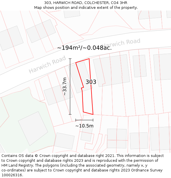 303, HARWICH ROAD, COLCHESTER, CO4 3HR: Plot and title map