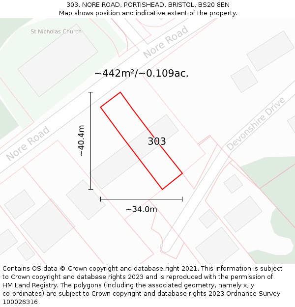 303, NORE ROAD, PORTISHEAD, BRISTOL, BS20 8EN: Plot and title map