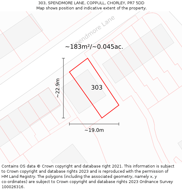 303, SPENDMORE LANE, COPPULL, CHORLEY, PR7 5DD: Plot and title map