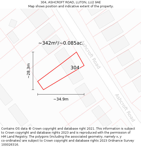 304, ASHCROFT ROAD, LUTON, LU2 9AE: Plot and title map