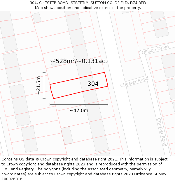 304, CHESTER ROAD, STREETLY, SUTTON COLDFIELD, B74 3EB: Plot and title map
