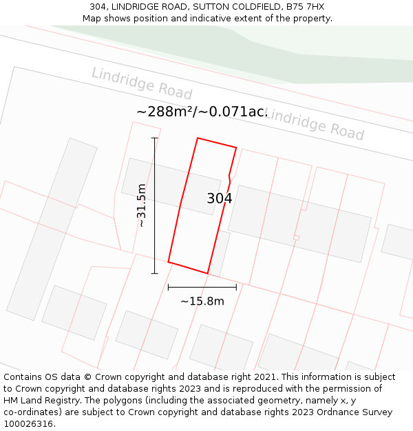 304, LINDRIDGE ROAD, SUTTON COLDFIELD, B75 7HX: Plot and title map