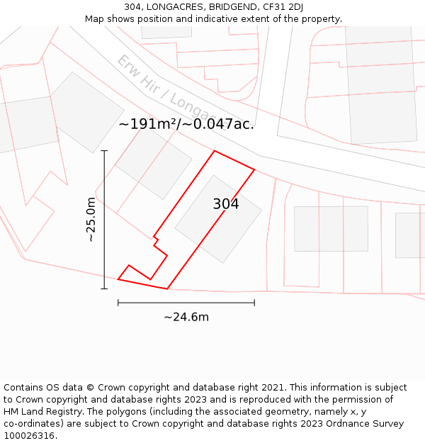 304, LONGACRES, BRIDGEND, CF31 2DJ: Plot and title map