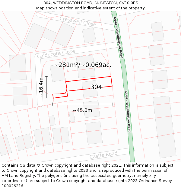 304, WEDDINGTON ROAD, NUNEATON, CV10 0ES: Plot and title map