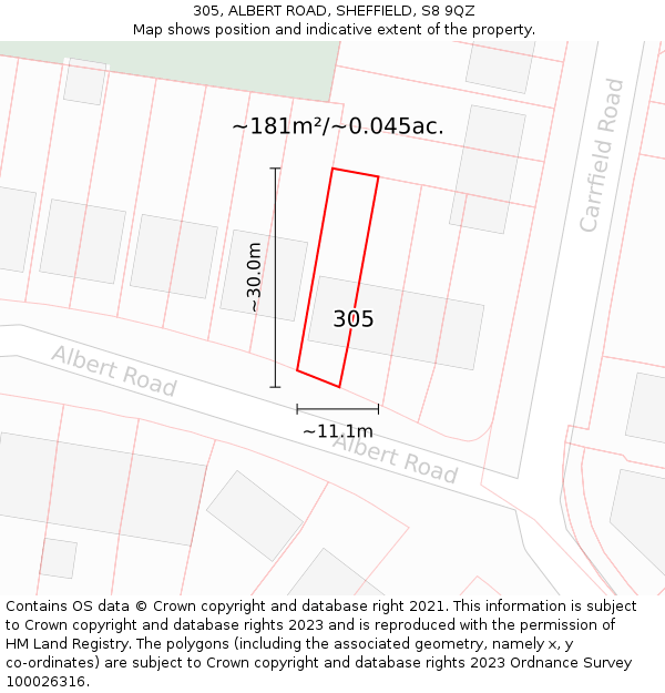 305, ALBERT ROAD, SHEFFIELD, S8 9QZ: Plot and title map