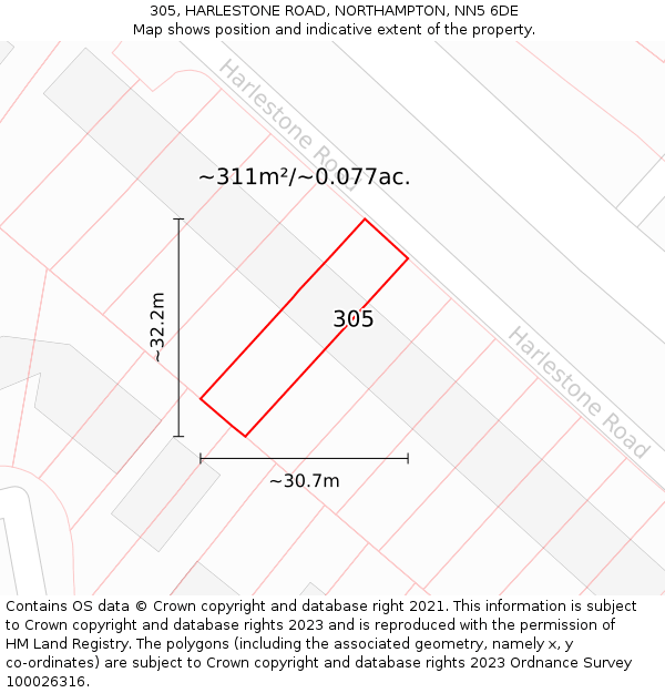 305, HARLESTONE ROAD, NORTHAMPTON, NN5 6DE: Plot and title map