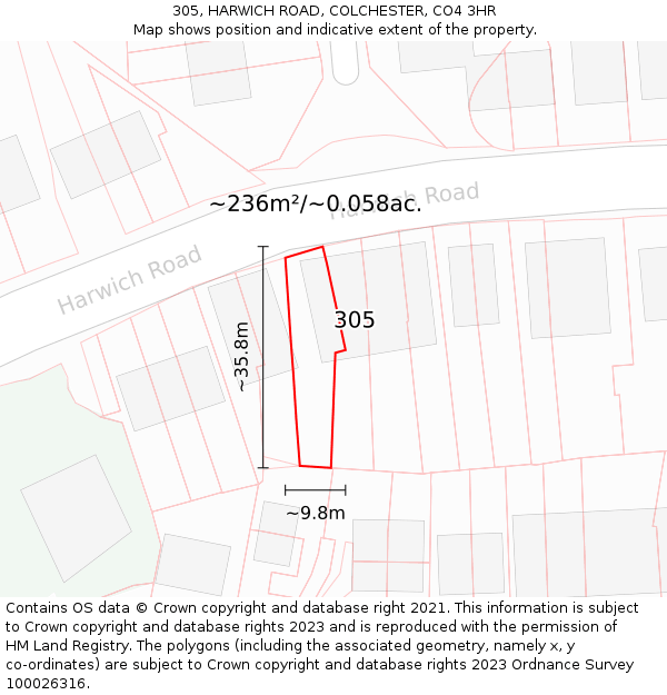 305, HARWICH ROAD, COLCHESTER, CO4 3HR: Plot and title map