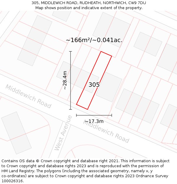 305, MIDDLEWICH ROAD, RUDHEATH, NORTHWICH, CW9 7DU: Plot and title map
