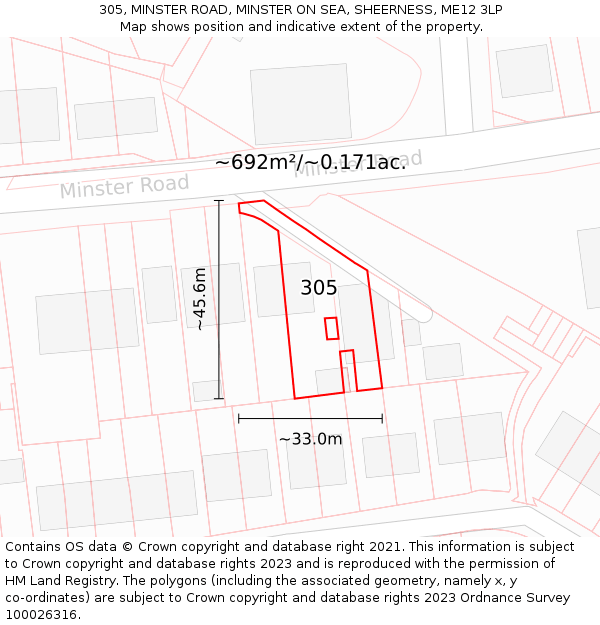 305, MINSTER ROAD, MINSTER ON SEA, SHEERNESS, ME12 3LP: Plot and title map