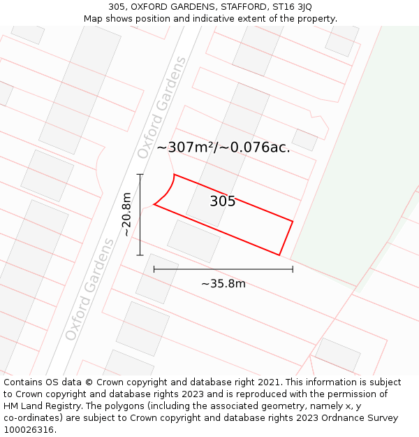 305, OXFORD GARDENS, STAFFORD, ST16 3JQ: Plot and title map