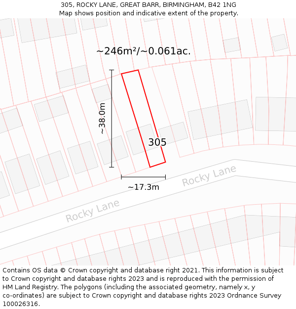 305, ROCKY LANE, GREAT BARR, BIRMINGHAM, B42 1NG: Plot and title map