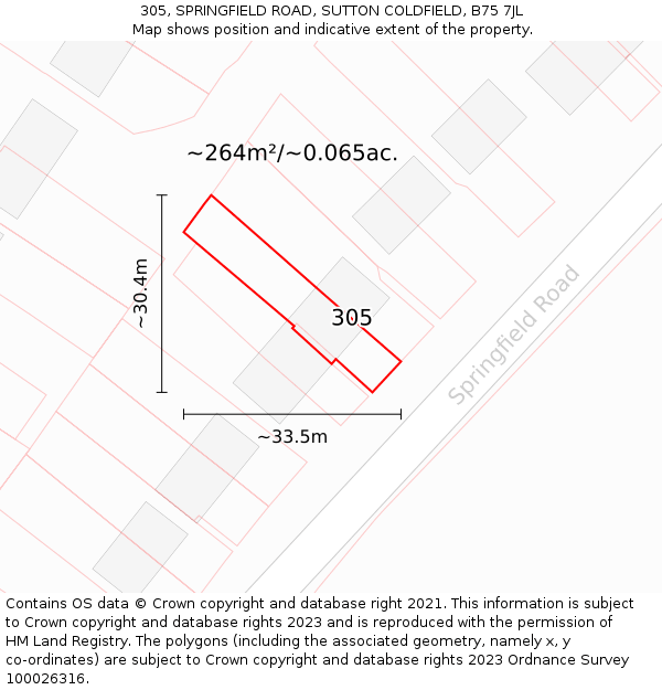 305, SPRINGFIELD ROAD, SUTTON COLDFIELD, B75 7JL: Plot and title map