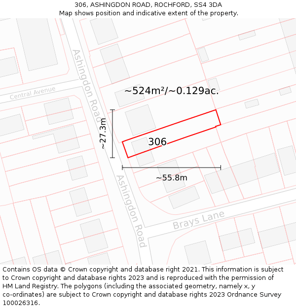 306, ASHINGDON ROAD, ROCHFORD, SS4 3DA: Plot and title map