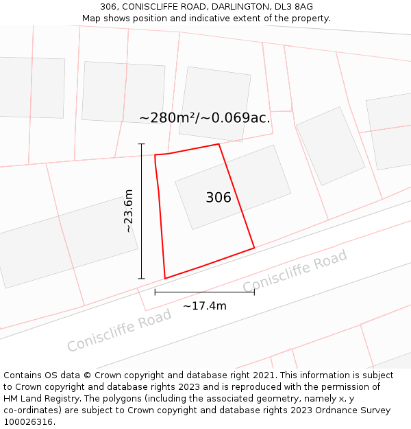 306, CONISCLIFFE ROAD, DARLINGTON, DL3 8AG: Plot and title map